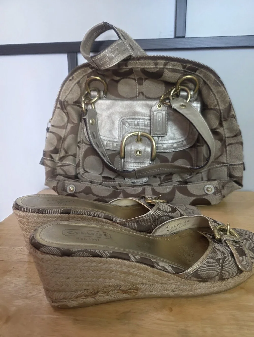 Classic Coach Signature Canvas Mini Satchel & Wedge Sandals Size 11 - Khaki/Tan